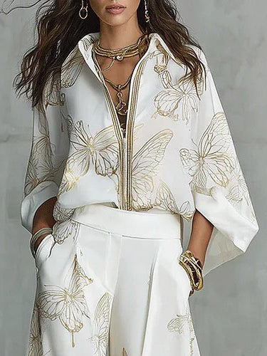 Elegante Vlinderprint Zip-Up Top & Wijde Pantalon Set