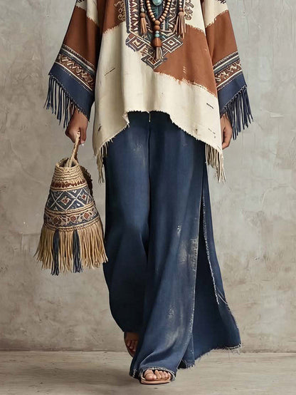 Retro Bohemian Etnische Print Tassel Sjaal Top Twee-Piece Set