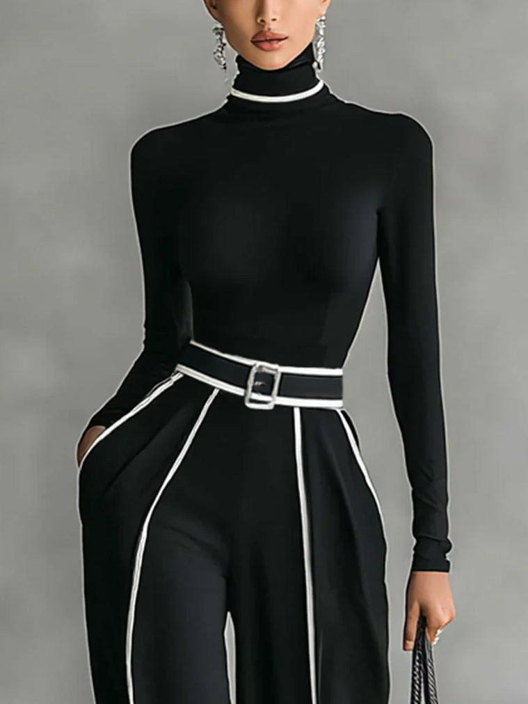 Elegante Hoge Taille Wijde Pantalon met Contrasterende Bies