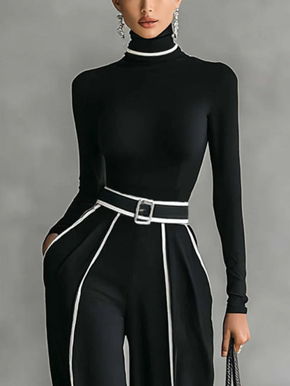 Elegante Hoge Taille Wijde Pantalon met Contrasterende Bies