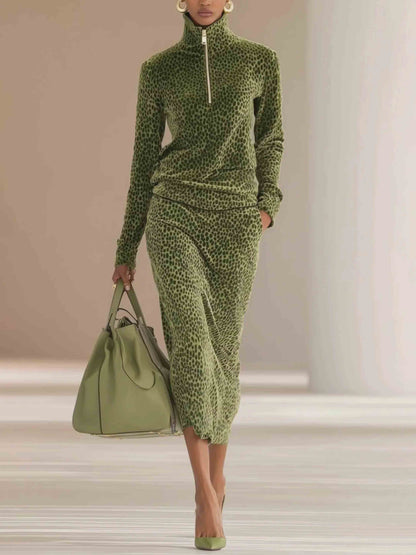 Casual Leopard-Textuur Half-Zip Top & Midi Rok Twee-Piece Set