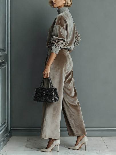 Elegante Hoge Hals Fluwelen Plissé Wijde Broek Twee-delige Set