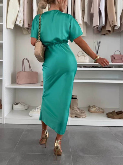 Elegante Satijnen Effen V-hals Knoop Slim Maxi Jurk