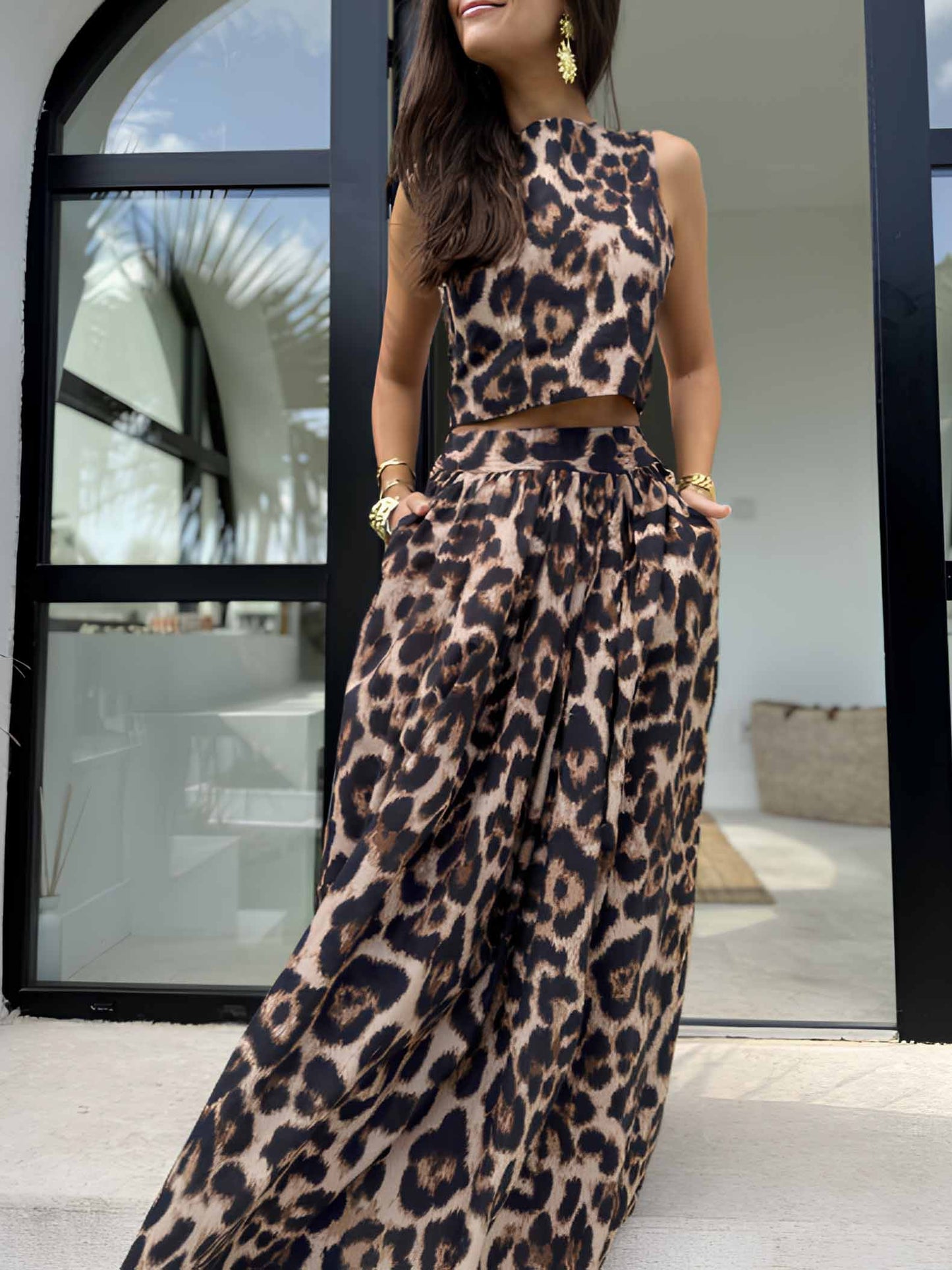 Bohemian Luipaardprint Mouwloze Top & Vloeiende Maxi Rok Set