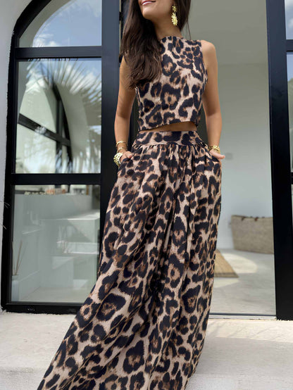 Bohemian Luipaardprint Mouwloze Top & Vloeiende Maxi Rok Set
