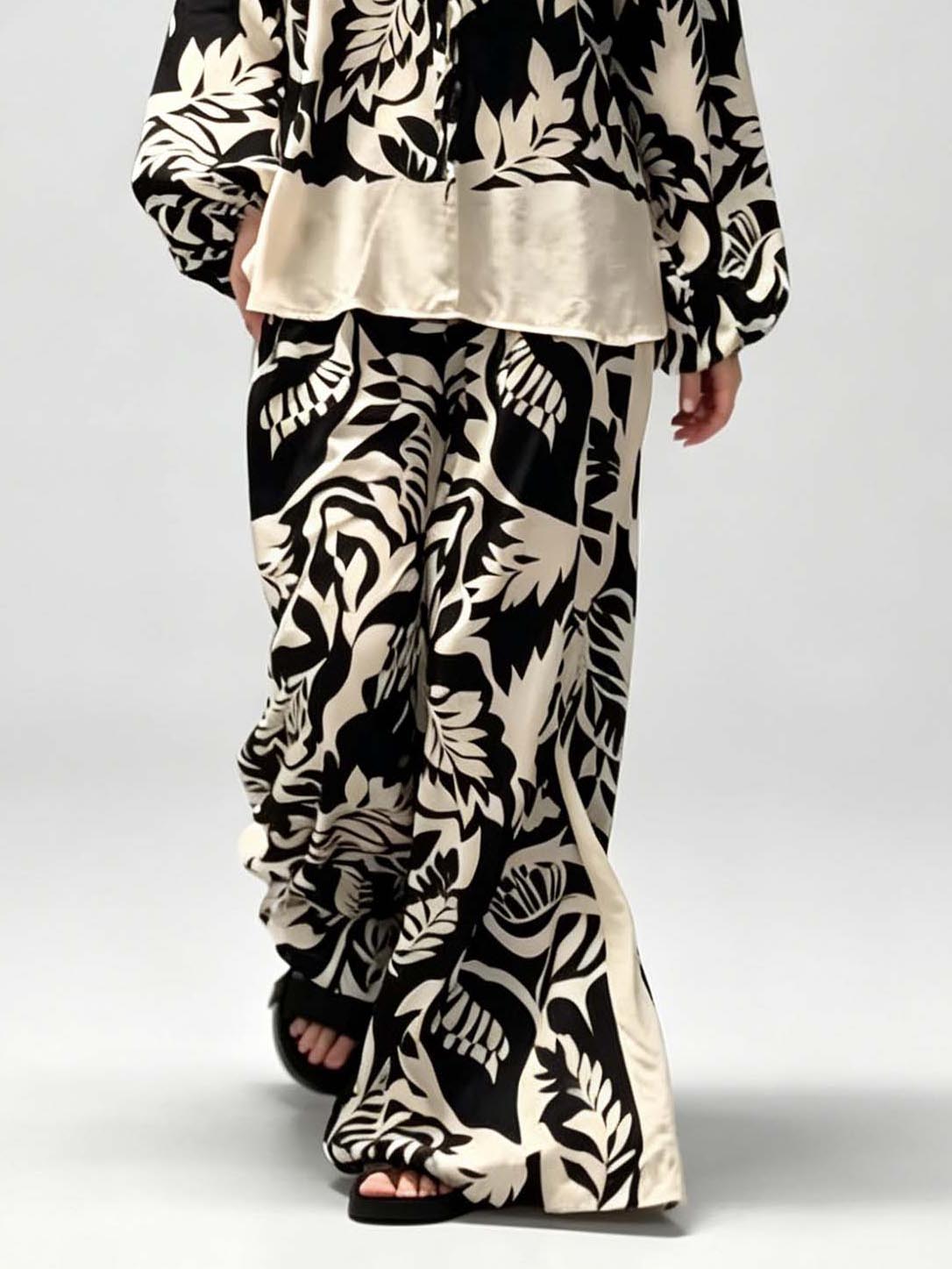 Bohemian Bladprint V-Hals Satijnen Shirt & Wijde Broek Set