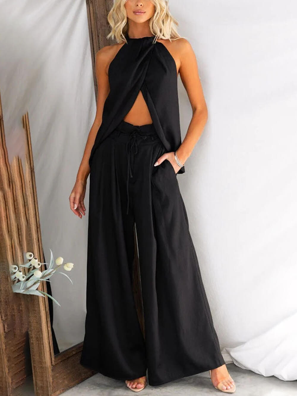 Unieke Gette Linnenmix Split Voor Top en Hoge Taille Knoopzak Brede Pantalon Set