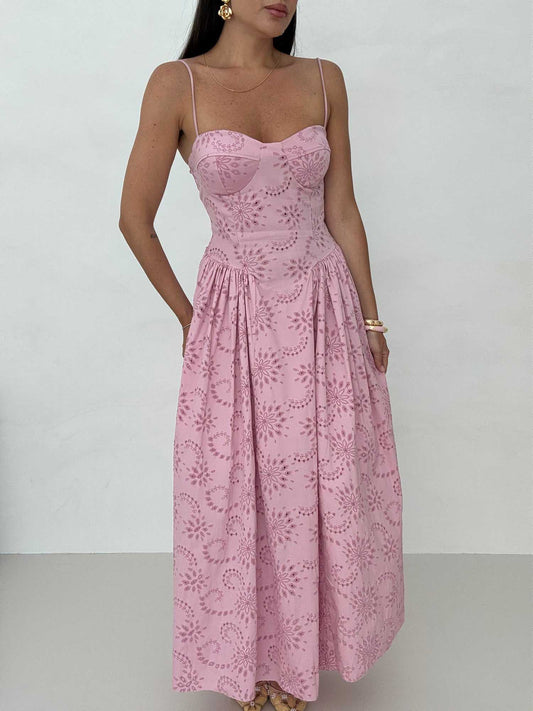 Romantische Geborduurde Sweetheart Hals Spaghetti Band Maxi Jurk