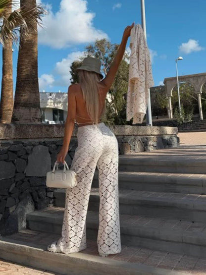 Klassieke Vakantie Haakbloemen Kant Korte Mouw Shirt en Elastische Taille Wijde Pantalon Set