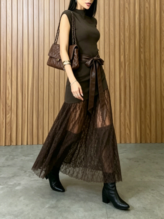 Mouwloze Maxi-jurk met Kantpaneel