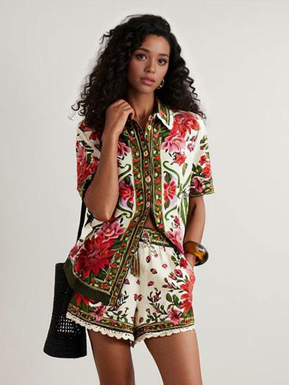 Retro Bloemenprint Shirt & Shorts Twee-delige Set