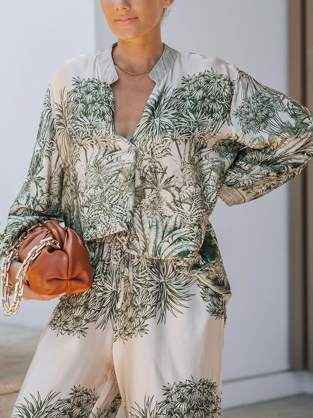 Casual Palm Leaf Print Losse Shirt En Wijde Pantalon Set