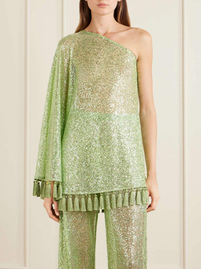 Elegante Eén-Schouder Pailletten Franje Top & Flared Broek Twee-Delige Set