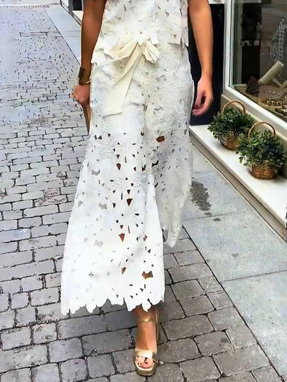Casual Cutout Kanten Shirt & Wijde Pantalon Twee-Piece Set