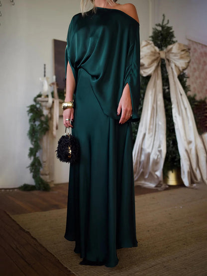 Exquise Satijnen Plissé Shirt en Hoge Taille Maxi Rok Set