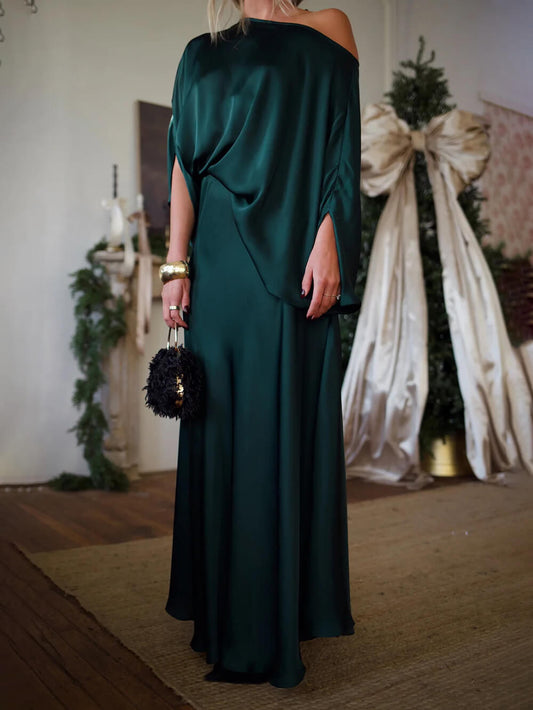 Exquise Satijnen Plissé Shirt en Hoge Taille Maxi Rok Set