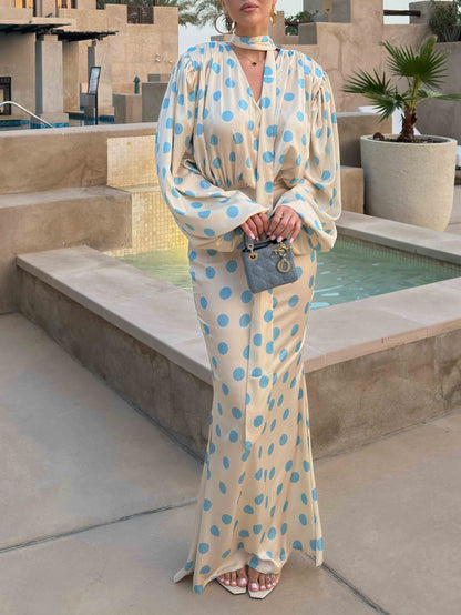 Elegante Polka Dot Blouse & Maxi Rok Twee-Stuk Set