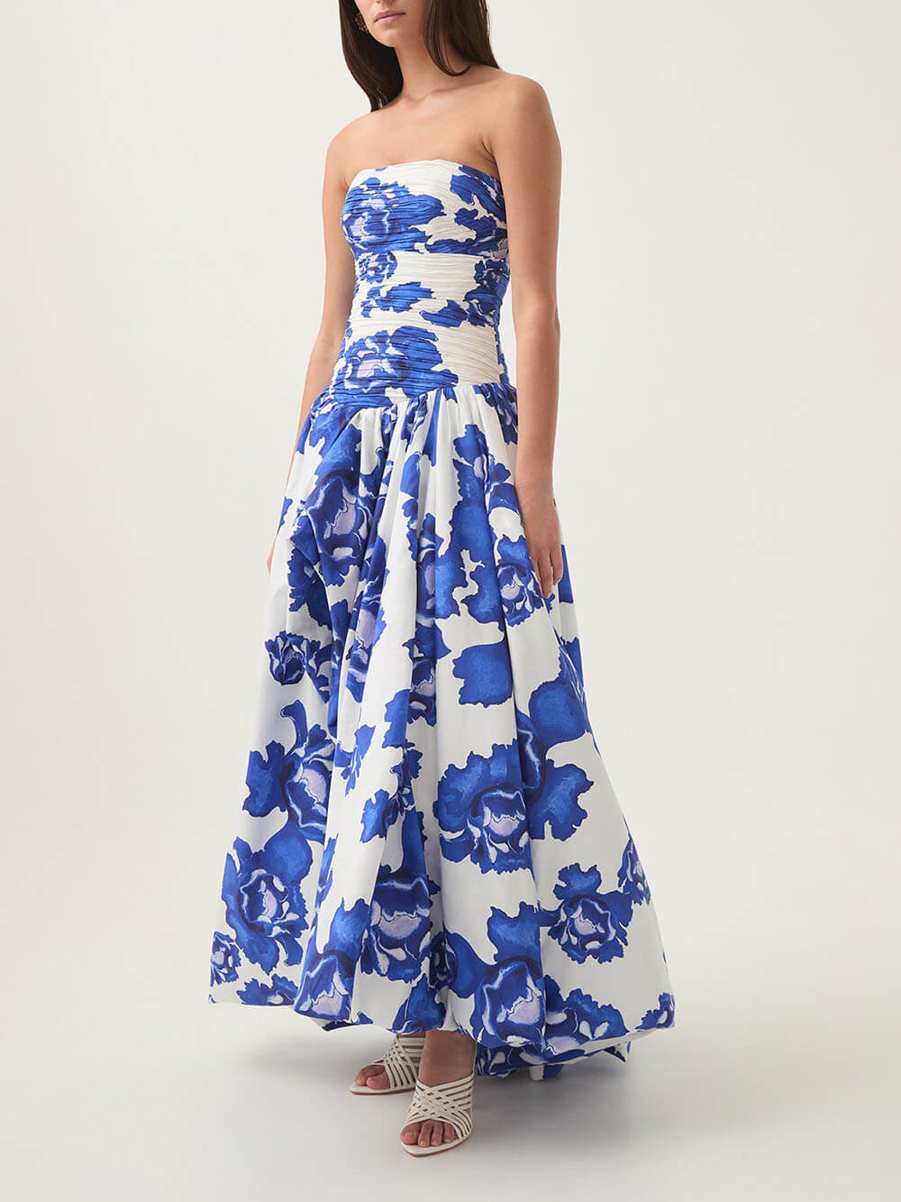 Elegant Perfect Moment Bloem Off-Shoulder Gerimpelde Bodice Drapé Bubble Hem Maxi Jurk
