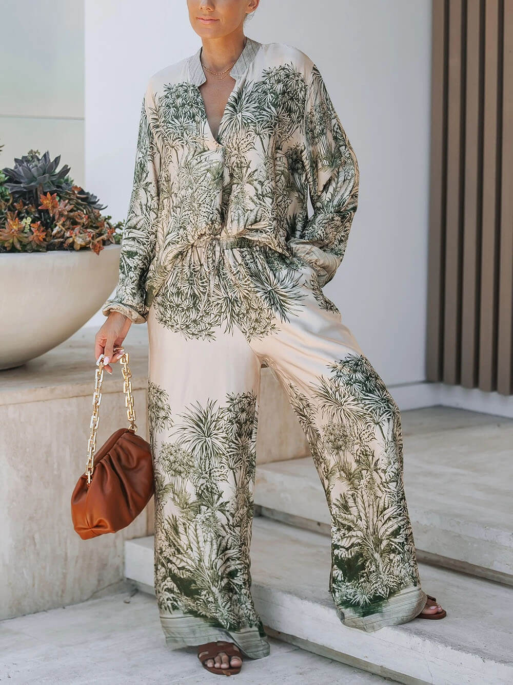 Casual Palm Leaf Print Losse Shirt En Wijde Pantalon Set