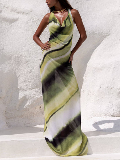 Classic Tie-Dye Gradient Gedrukt Cowl Neck Halter Tie-up Vakantie Maxi Jurk
