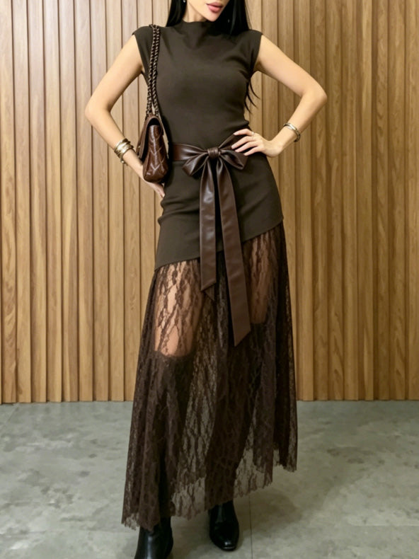 Mouwloze Maxi-jurk met Kantpaneel
