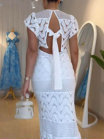 Retro Wave Dot Borduurwerk Kant Achter Tie-up Top en Elastische Taille Maxi Rok Set