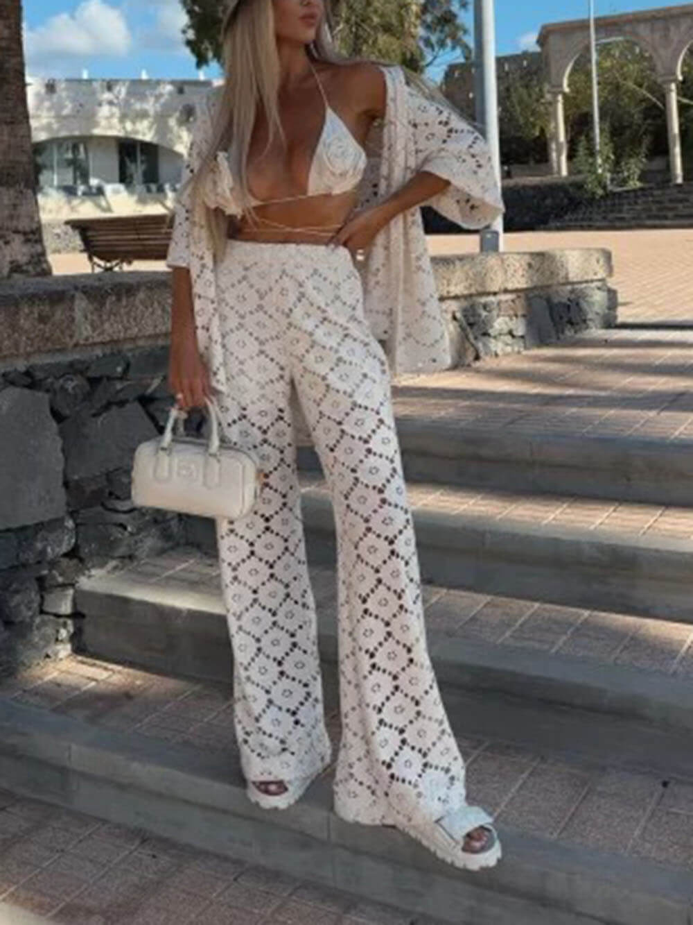 Klassieke Vakantie Haakbloemen Kant Korte Mouw Shirt en Elastische Taille Wijde Pantalon Set