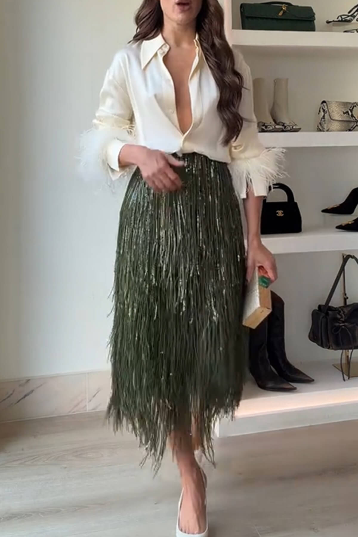 Exquise Shirt met Verenrand en Pailletten Fringe Rok Set