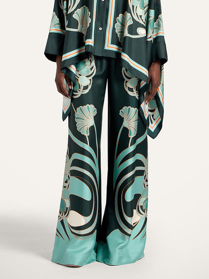 Elegante Abstracte Print Satijnen Blouse & Wijde Pantalon Set