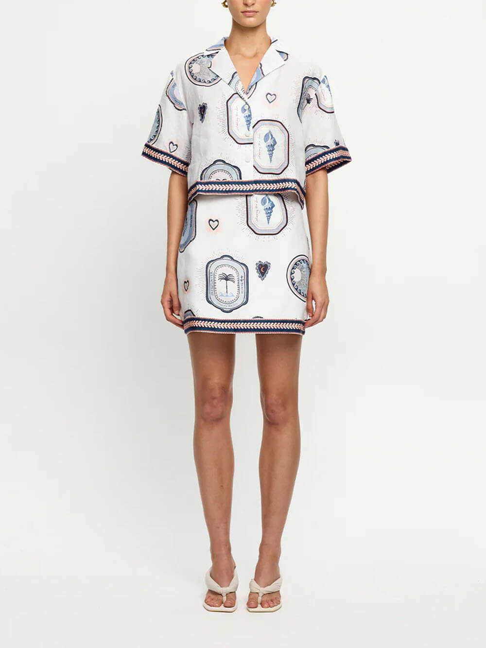 Retro Schelpprint Losse Top En A-Lijn Mini Rok Set