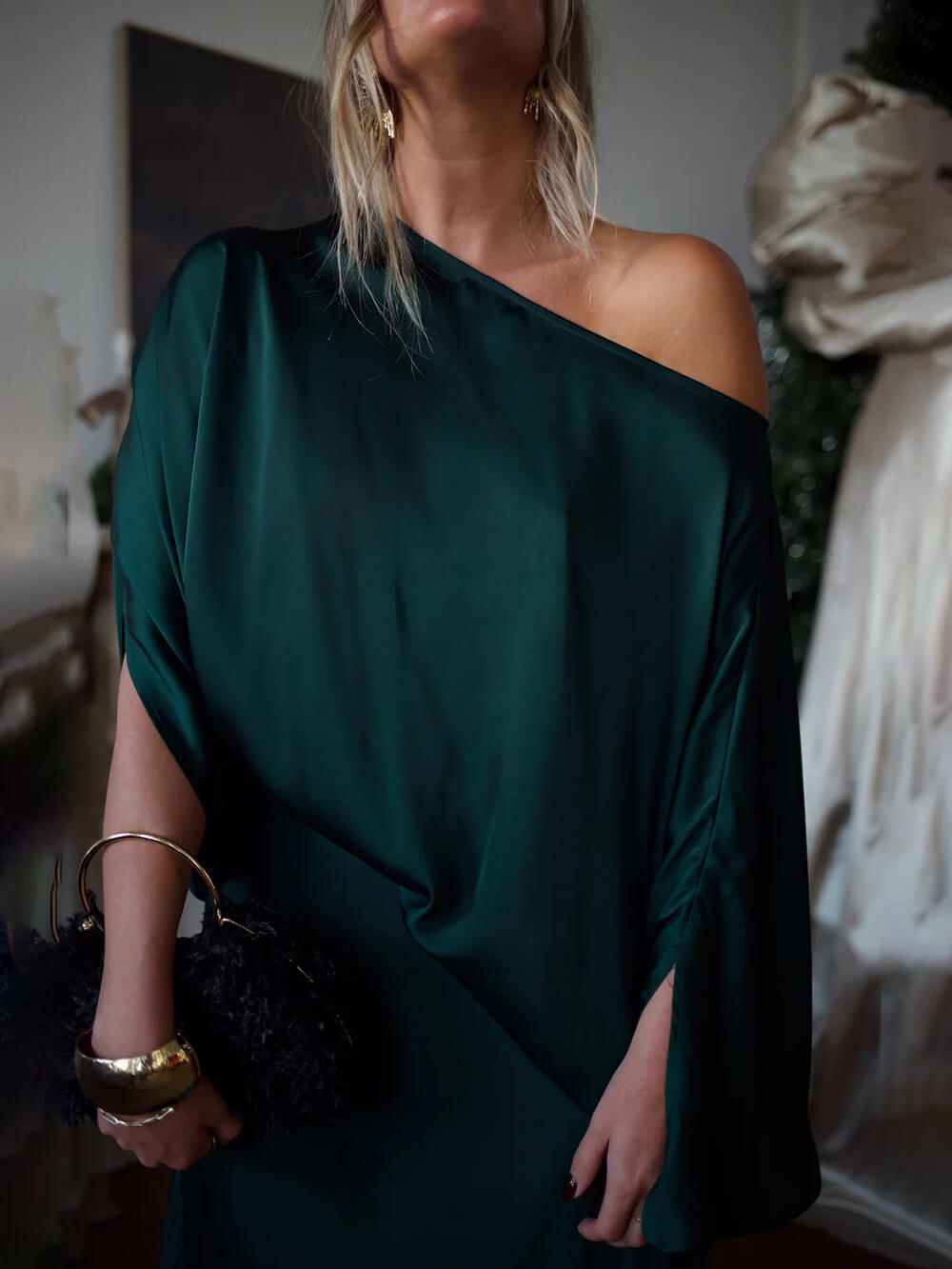 Exquise Satijnen Plissé Shirt en Hoge Taille Maxi Rok Set
