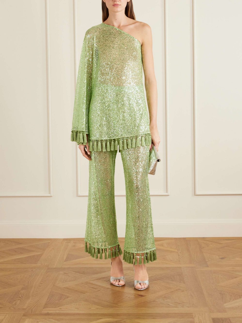 Elegante Eén-Schouder Pailletten Franje Top & Flared Broek Twee-Delige Set