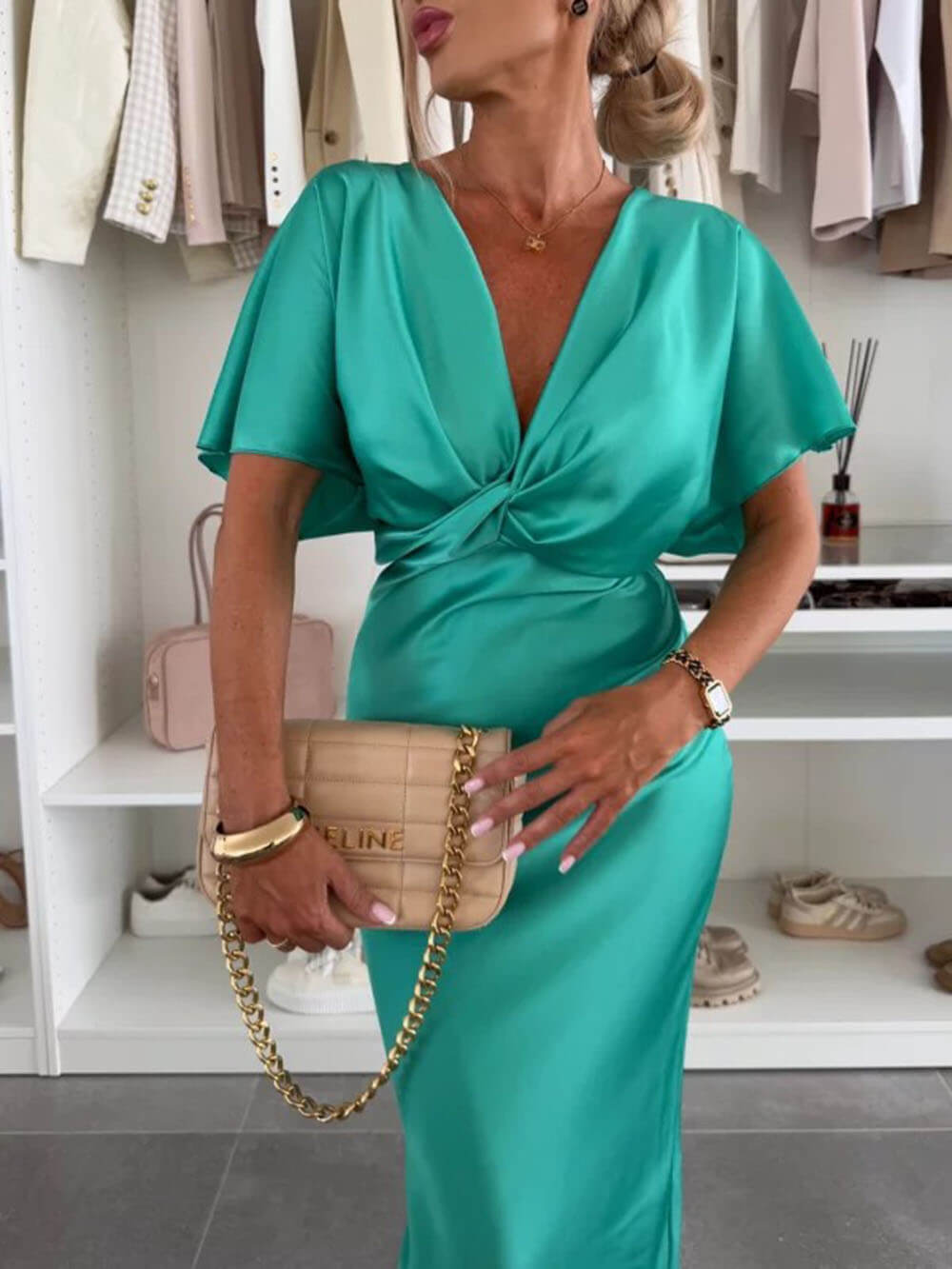 Elegante Satijnen Effen V-hals Knoop Slim Maxi Jurk