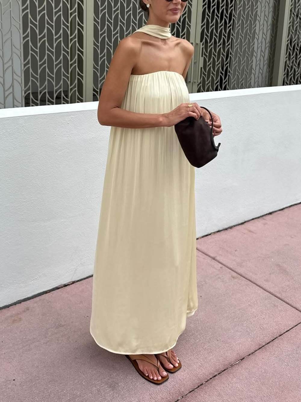 Delicate Satin Strapless Tie-Halter Maxi Jurk