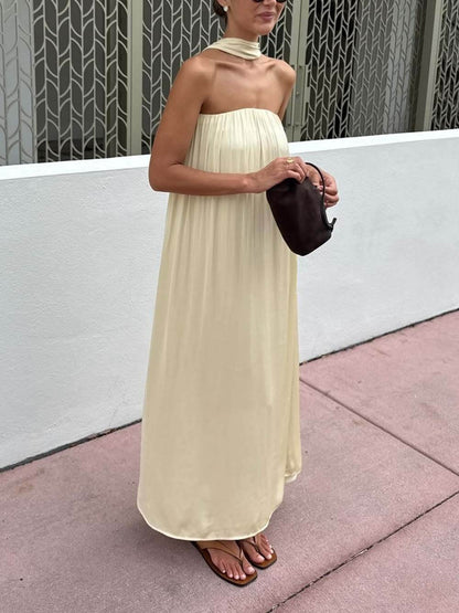 Delicate Satin Strapless Tie-Halter Maxi Jurk