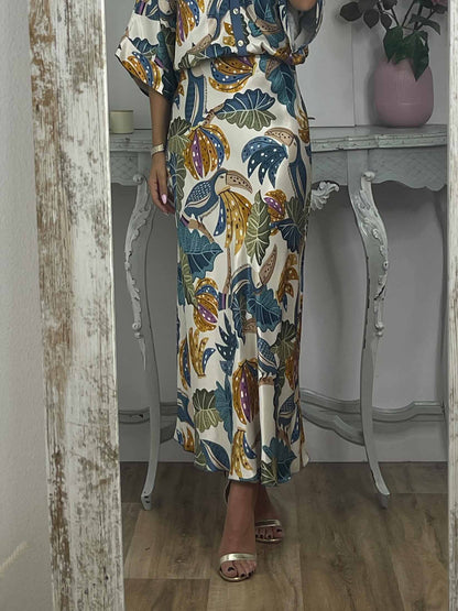 Retro Jungle Palm Leaf Satijnen Print Rok