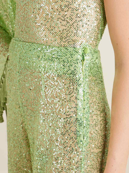 Elegante Eén-Schouder Pailletten Franje Top & Flared Broek Twee-Delige Set