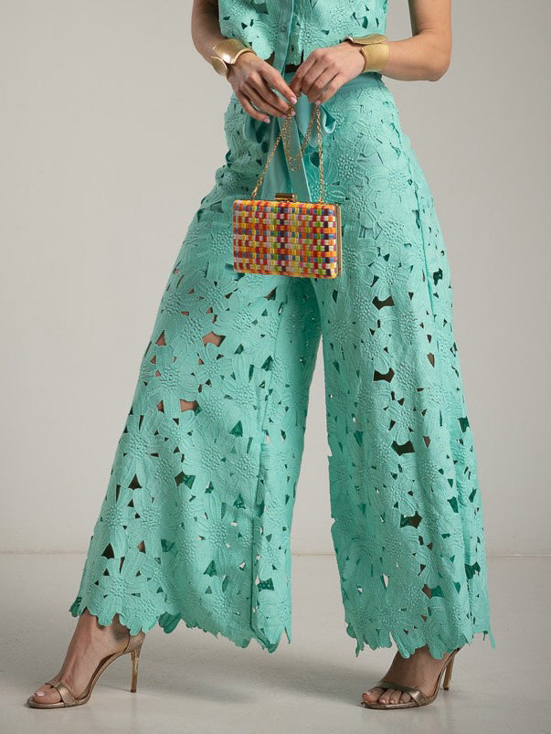 Casual Cutout Kanten Shirt & Wijde Pantalon Twee-Piece Set