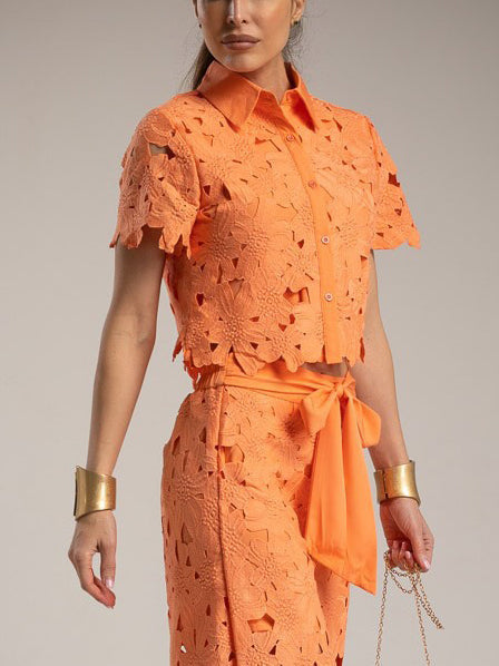 Casual Cutout Kanten Shirt & Wijde Pantalon Twee-Piece Set