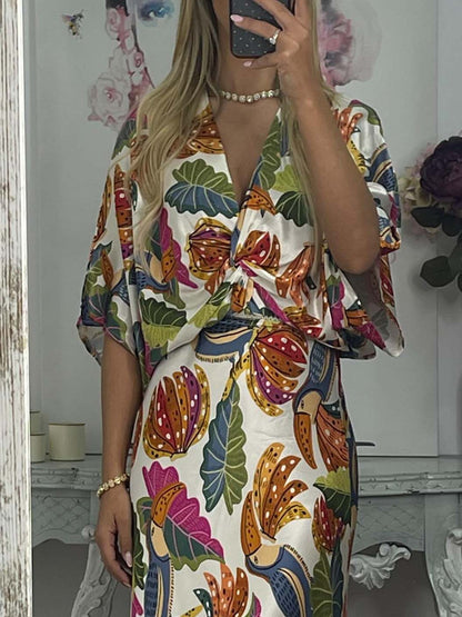 Retro Jungle Palm Leaf Satijnen Print Rok
