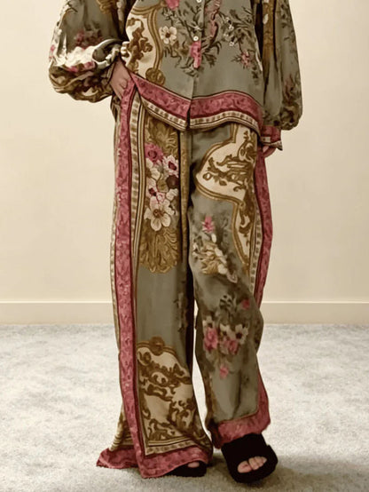 Retro Bloemen Barok Print Satijnen Shirt & Brede Pantalon Set