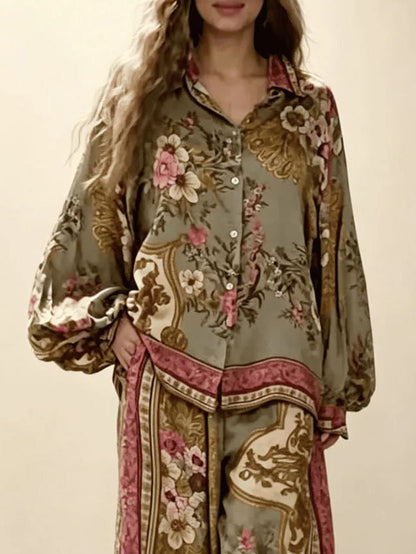 Retro Bloemen Barok Print Satijnen Shirt & Brede Pantalon Set