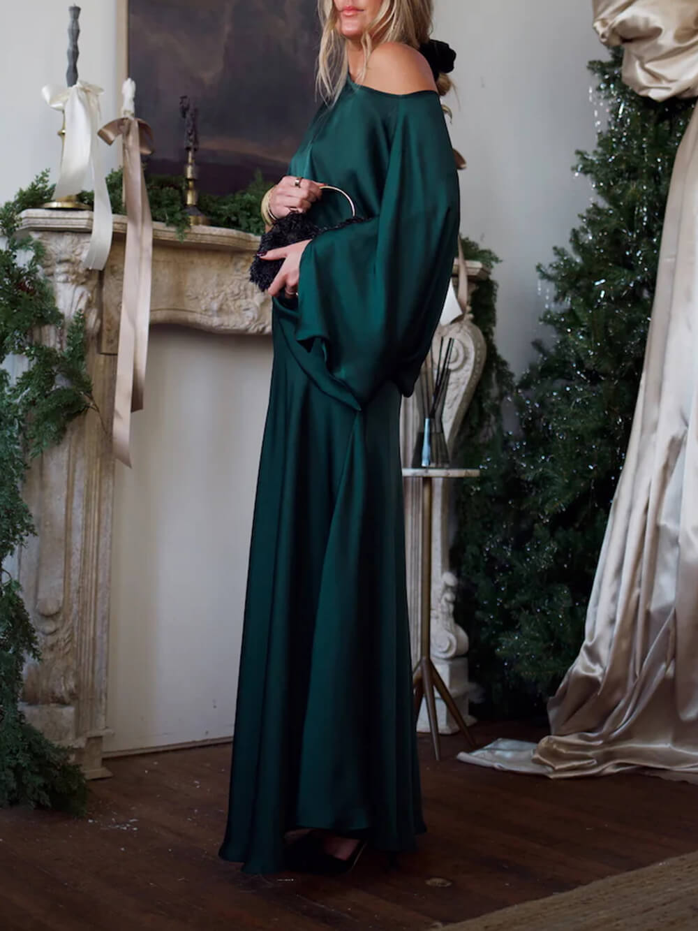 Exquise Satijnen Plissé Shirt en Hoge Taille Maxi Rok Set