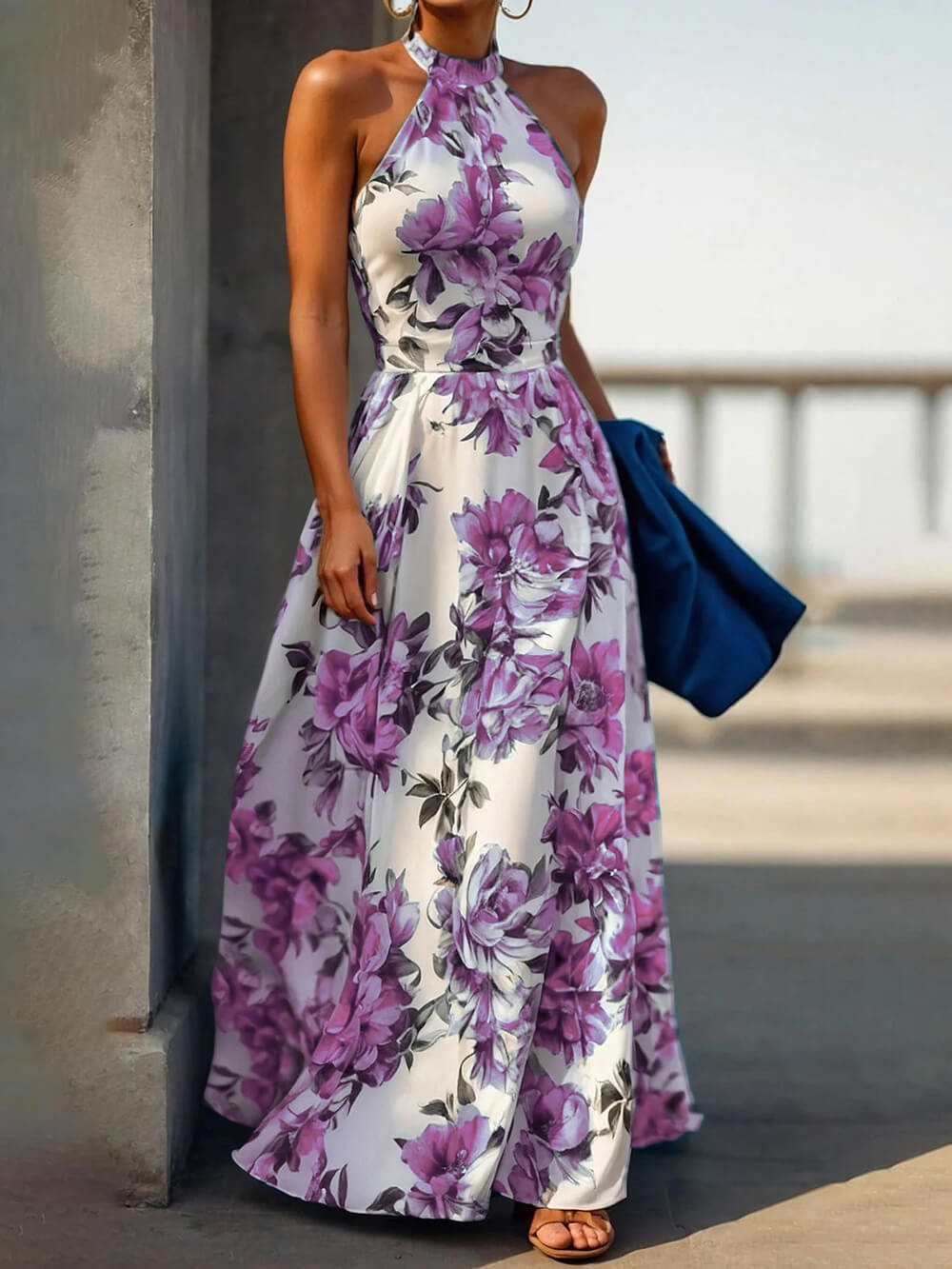 Elegante Bloemenprint Halter Nek Vakantie Stijl Slanke Maxi Jurk