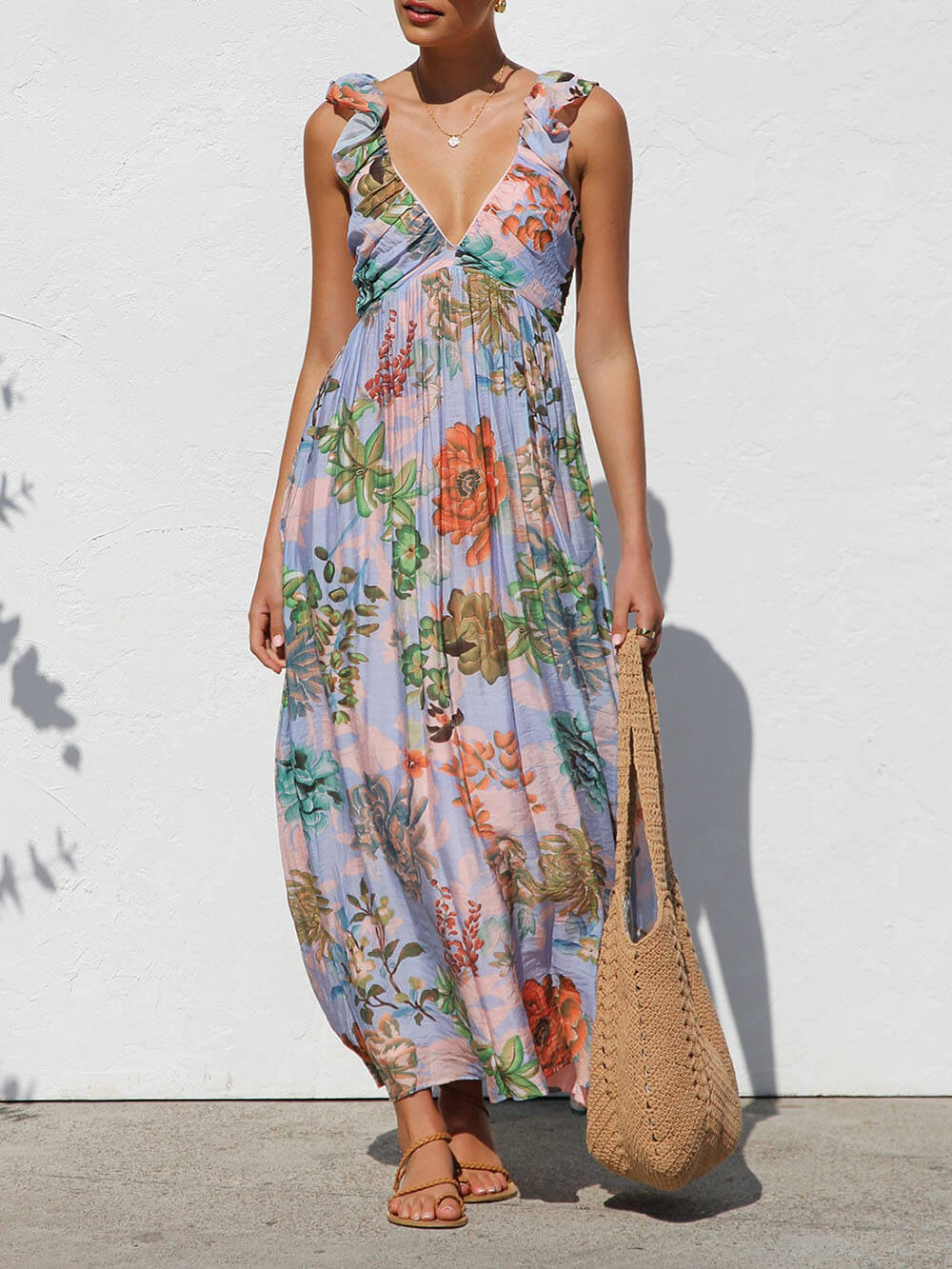 Prachtig Geplooid Uniek Bloemenprint Ruffle Mouw Maxi Jurk