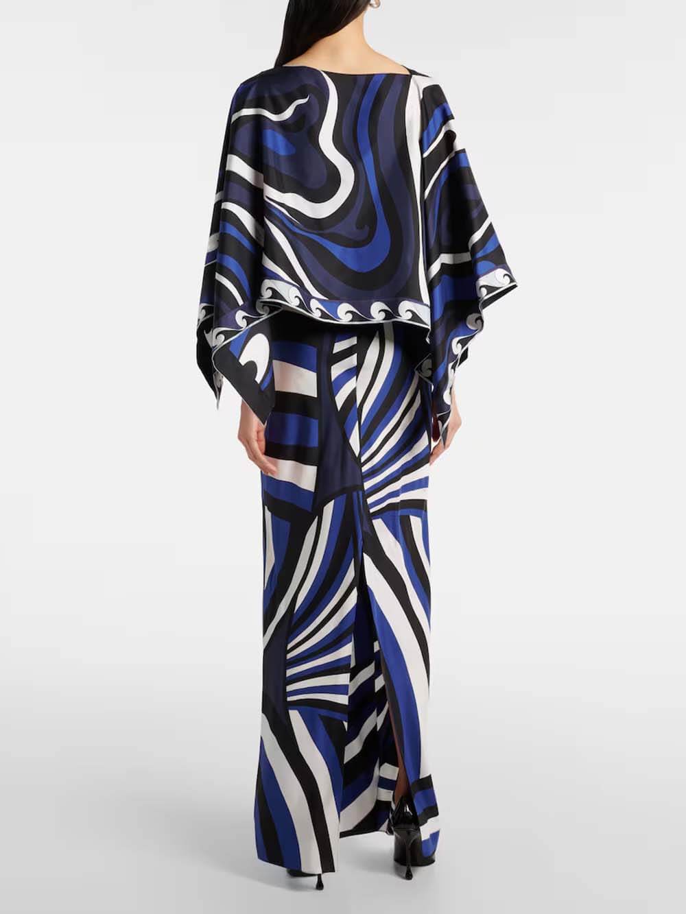 Exquise Swirl Regenboogprint Maxi Jurk en Losse Cape Top Set