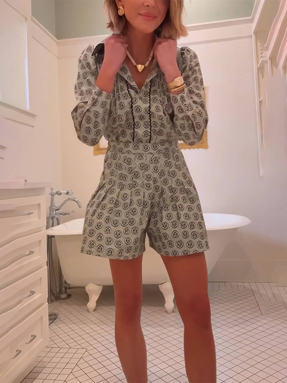Retro Print Kraagloze Lange Mouwen Shirt en Hoge Taille Shorts Set