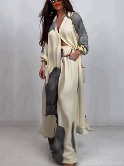 Elegante Losse Gedrukte Midi Top en Wijde Broek Set