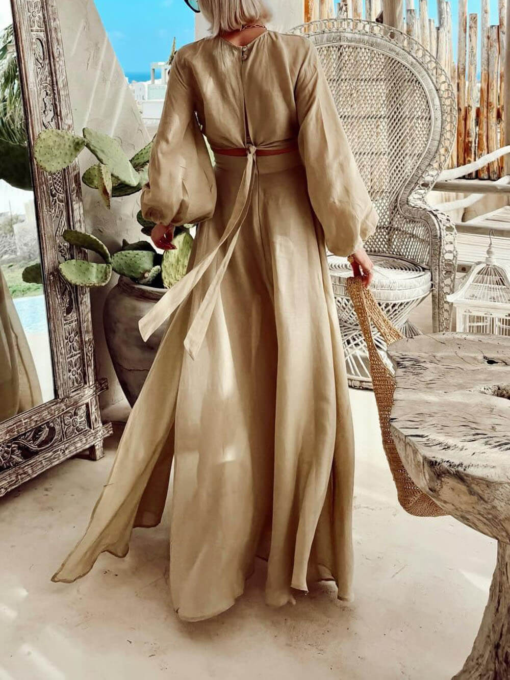Bohemian Lantern Sleeve Tie-Front Top en Hoge Taille Rok Set