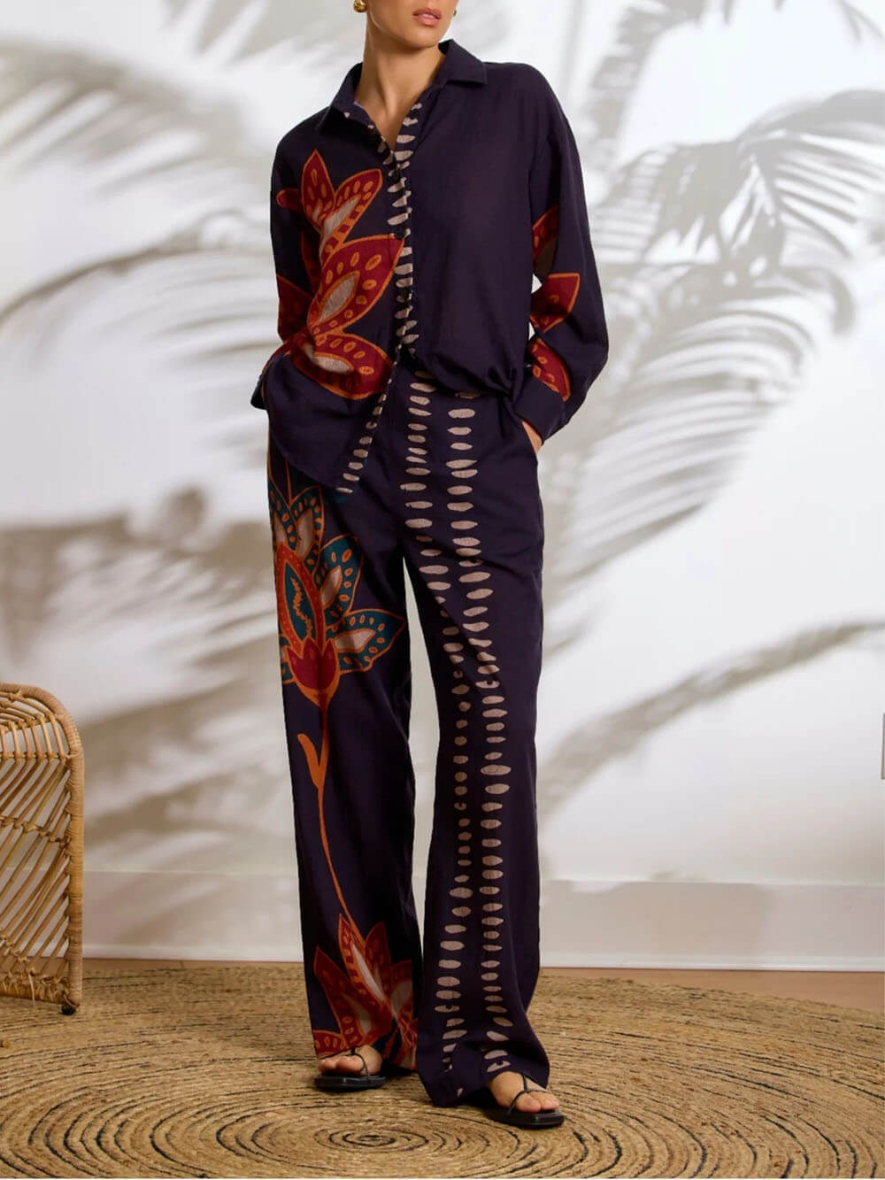 Exquise Bloemenprint Linnen Knop-Up Top En Losse Broek Set